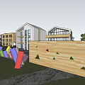 Modern White Multistory School Buildings Featuring Large Glass Windows Colorful Geometric Decorations And Green Lawn