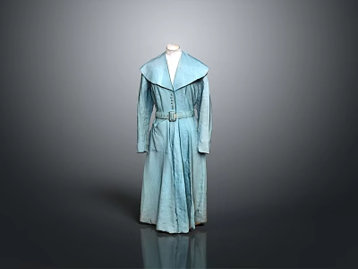 Man In Light Blue Long Coat With Collar And Belt Standing Against Gray Background 3d model