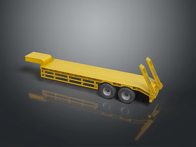 Yellow Flatbed Trailer With Two Wheels And Metal Supports On Gray Surface 3d model