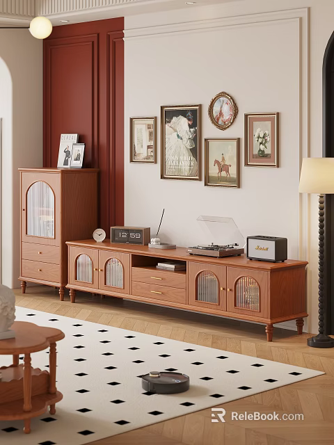 Wooden TV Stand Featuring Record Player Radio Clock and Wall Art in Cozy Vintage Room 3d model 