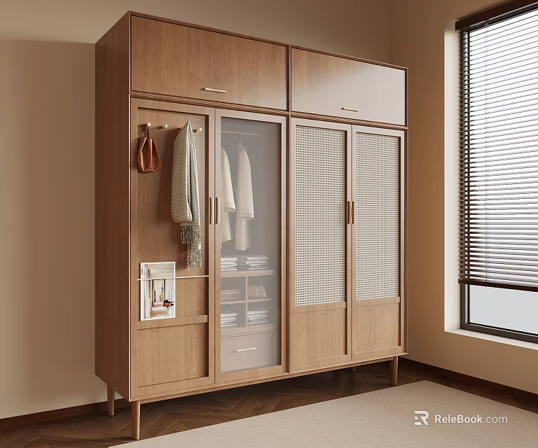 Modern Wooden Wardrobe In Room With Glass Shutter Doors And Storage Drawers 3d model 