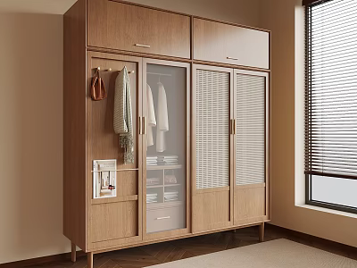 Modern Wooden Wardrobe In Room With Glass Shutter Doors And Storage Drawers 3d model