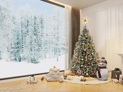 Christmas Live Room With Decorated Tree Snowman Gifts And Snowy Forest View 3d model