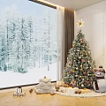 Christmas Live Room With Decorated Tree Snowman Gifts And Snowy Forest View