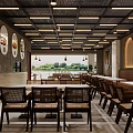 Shandong Style Braised Chicken Rice Restaurant Interior With Wooden Tables Hanging Lamps And Menu