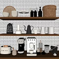 Stylish Kitchen Shelves With Ceramicware Coffee Machine And Wicker Basket On Tile Wall 3d model