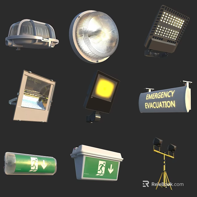 Assortment of Fire Safety Equipment Including Emergency Lights Evacuation Signs and Illuminated Exit Indicators 3d model 