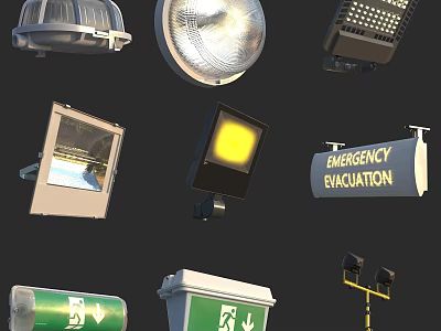 Assortment of Fire Safety Equipment Including Emergency Lights Evacuation Signs and Illuminated Exit Indicators 3d model