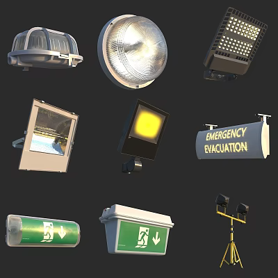 Assortment of Fire Safety Equipment Including Emergency Lights Evacuation Signs and Illuminated Exit Indicators 3d model