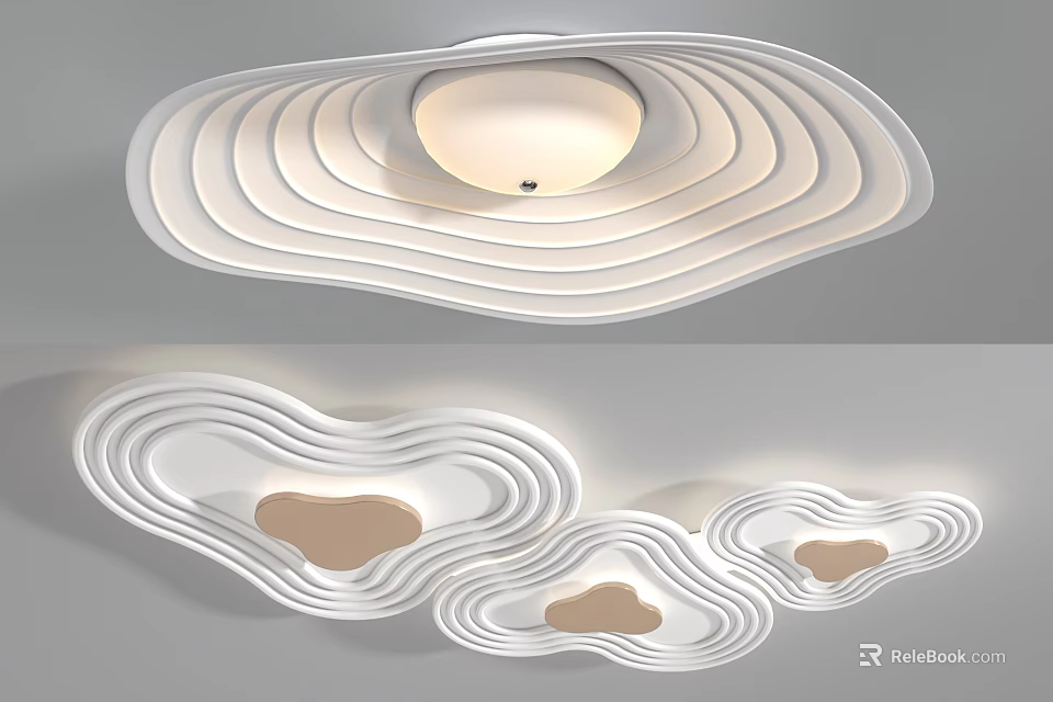 Modern Layered Wavy Ceiling Light Design With White Frame And Wooden Accents 3d model 