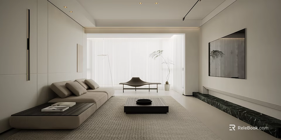 Modern Minimalist Living Dining Room With Beige Sofa Coffee Table And Wall Art 3d model 