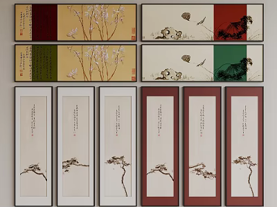 Traditional Chinese Scroll Paintings With Floral Branches And Animal Motifs On Colored Backgrounds 3d model