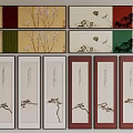 Traditional Chinese Scroll Paintings With Floral Branches And Animal Motifs On Colored Backgrounds