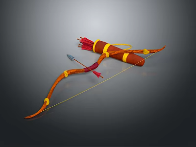 Traditional Bow And Arrow Weapon With Orange Yellow Decorations Red Feathers And Quiver 3d model