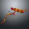 Traditional Bow And Arrow Weapon With Orange Yellow Decorations Red Feathers And Quiver