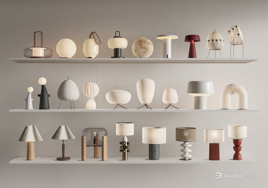 Various Stylish Table Lamps With Modern Designs And Unique Shapes On Shelf 3d model 