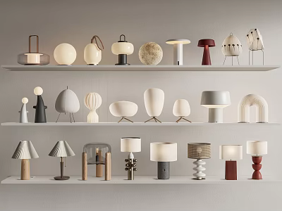 Various Stylish Table Lamps With Modern Designs And Unique Shapes On Shelf 3d model