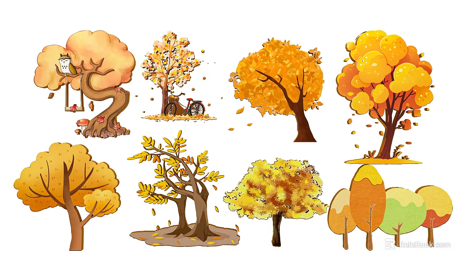 Colorful Autumn Tree Plant Combinations With Yellow Orange Leaves And Fall Foliage 3d model 