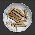 Delicious Golden Brown Sausages Served on White Plate with Blue Patterns