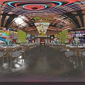 Cyberpunk Style Restaurant Interior with Neon Lights Dining Tables Chairs Green Plants and Decorative Paintings