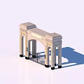 Classical Stone Entrance Gate With Arched Design And Wrought Iron Details Under Blue Sky