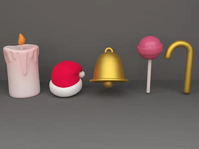 Festive Christmas Decorations With Candle Santa Hat Bell Lollipop And Candy Cane 3d model