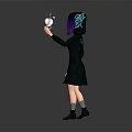 Girl With Purple Hair In Black Hooded Dress Holding White Sphere