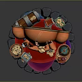 Orange Armchair with Red Cushion Books Globe Lamp and Decorative Stone Base