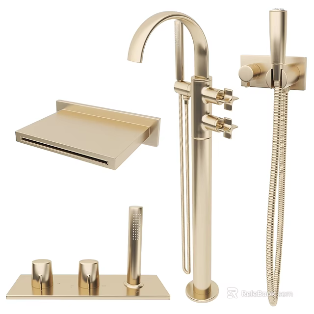 Modern Brushed Gold Bathroom Faucet With Handheld Shower And Shelf Fixture 3d model 