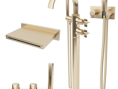 Modern Brushed Gold Bathroom Faucet With Handheld Shower And Shelf Fixture 3d model