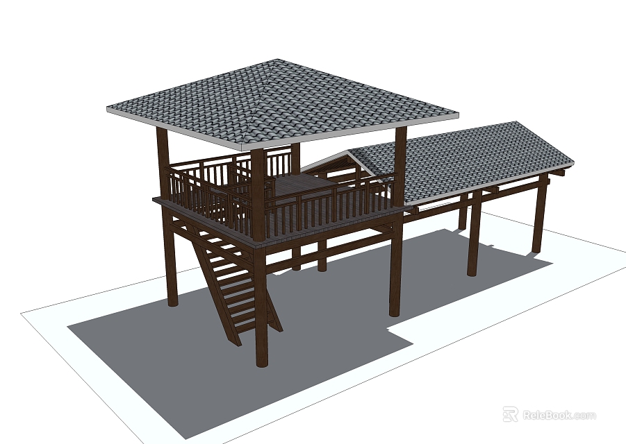 Landscape Pavilion Featuring Tiled Roof Wooden Structure Staircase Railing And Extended Walkway 3d model 