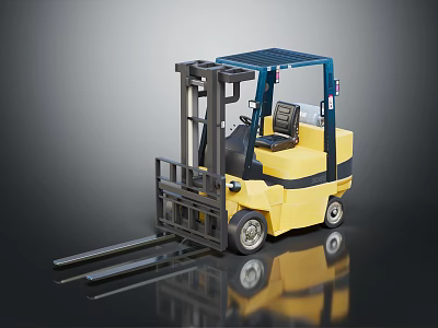 Industrial Yellow Blue Forklift With Cab And Forks On Reflective Surface 3d model