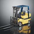 Industrial Yellow Blue Forklift With Cab And Forks On Reflective Surface