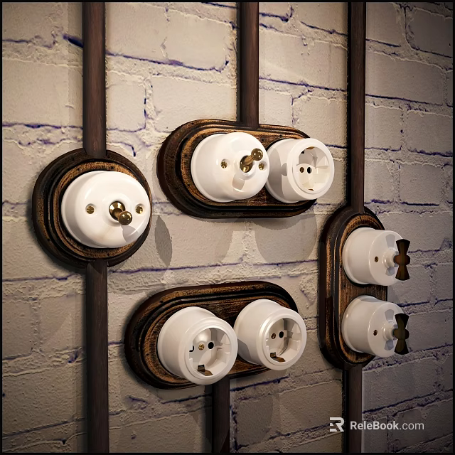 Wooden Framed White Electrical Switch Panels on Brick Wall with Metal Accents 3d model 