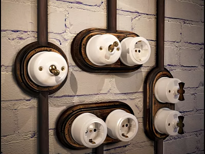 Wooden Framed White Electrical Switch Panels on Brick Wall with Metal Accents 3d model