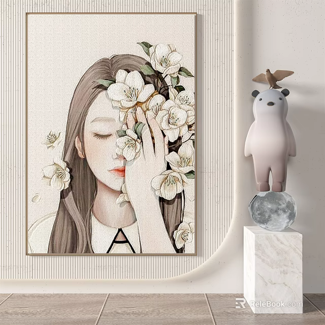 Woman Portrait With Closed Eyes White Flowers Teddy Bear Figurine On Marble Base Transparent Sphere 3d model 