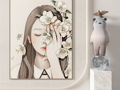 Woman Portrait With Closed Eyes White Flowers Teddy Bear Figurine On Marble Base Transparent Sphere 3d model
