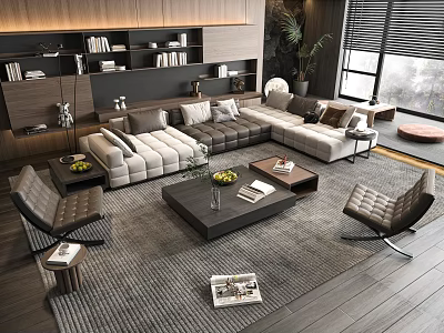 Modern Sectional Sofa And Coffee Table Set Interior Design With Wooden Bookshelves Plant And Area Rug 3d model
