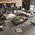 Modern Sectional Sofa And Coffee Table Set Interior Design With Wooden Bookshelves Plant And Area Rug