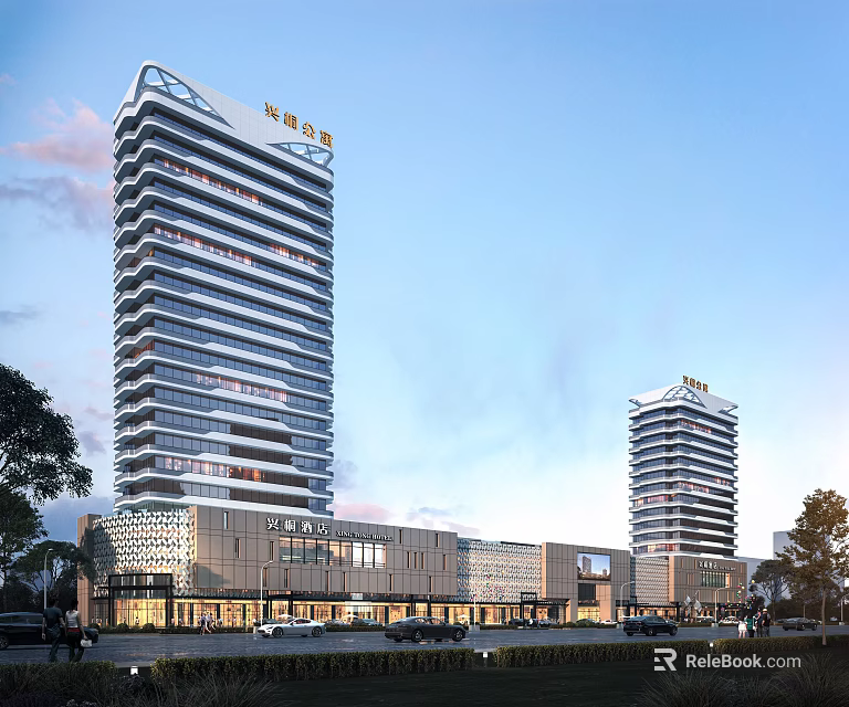 Modern Commercial Complex With High Rise Towers Retail Spaces And Landscaped Surroundings 3d model 