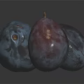 Three Fresh Ripe Blue Purple Shiny Plums with Reflections on Dark Background