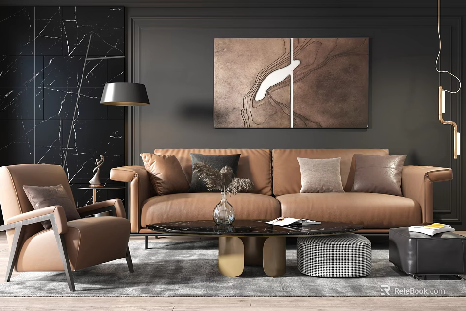 Elegant Brown Leather Sofa Coffee Table Set With Decorative Painting Accent Chair And Rug 3d model 