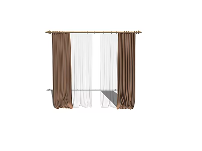 Stylish Brown Curtains With White Sheer Panels On Window Curtain Rod 3d model
