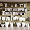 Modern Bathroom Combination With White Ceramic Toilets Basins Bathtubs Shelves And Shower Accessories