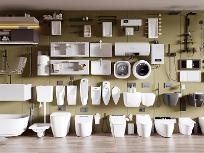 Modern Bathroom Combination With White Ceramic Toilets Basins Bathtubs Shelves And Shower Accessories 3d model