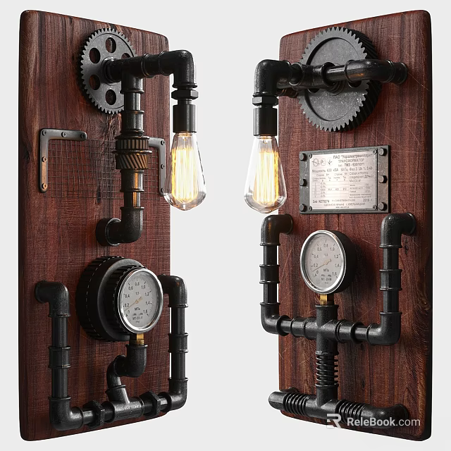 Industrial Vintage Wall Lamps with Metal Pipes Gears and Pressure Gauges on Wooden Backboard Design 3d model 