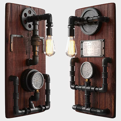 Industrial Vintage Wall Lamps with Metal Pipes Gears and Pressure Gauges on Wooden Backboard Design 3d model