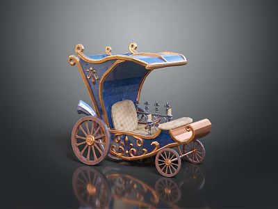 Vintage Ornate Carriage With Blue Canopy Gold Accents And Wooden Wheels 3d model