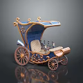 Vintage Ornate Carriage With Blue Canopy Gold Accents And Wooden Wheels
