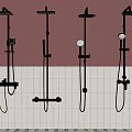 Elegant Gold Showerheads Mounted On Brown And White Tiled Bathroom Wall